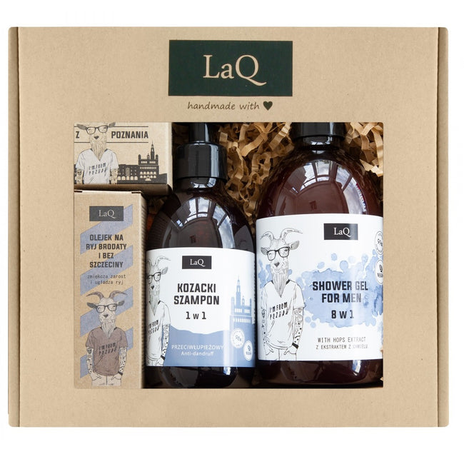LaQ Kozioł z Poznania zestaw żel pod prysznic 500ml + szampon do włosów 300ml + olejek do brody 30ml + mydło w kostce 85g