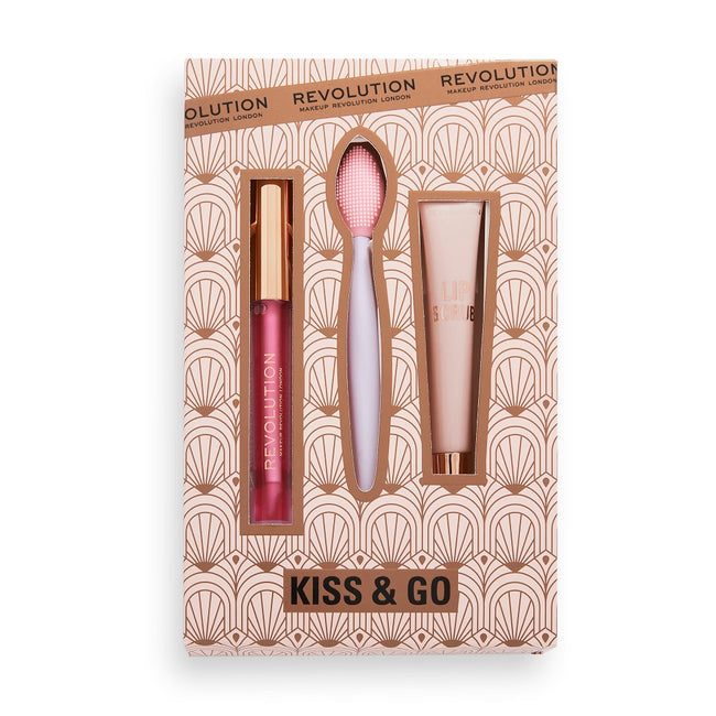 Makeup Revolution Kiss & Go Lip Care Set zestaw Lip Oil olejek do ust 2.5ml + Lip Scrub peeling do ust 8ml + Lip Exfoliator Brush złuszczająca szczoteczka do ust