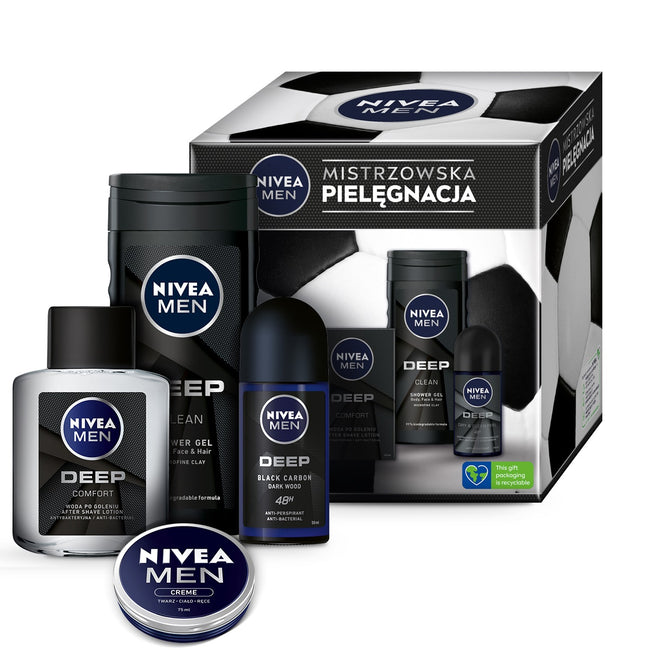 Nivea Football Box zestaw Deep żel pod prysznic 3w1 250ml + Deep antybakteryjna woda po goleniu 100ml + Men Creme krem do ciała i twarzy 75ml + Deep antyperspirant w kulce 50ml
