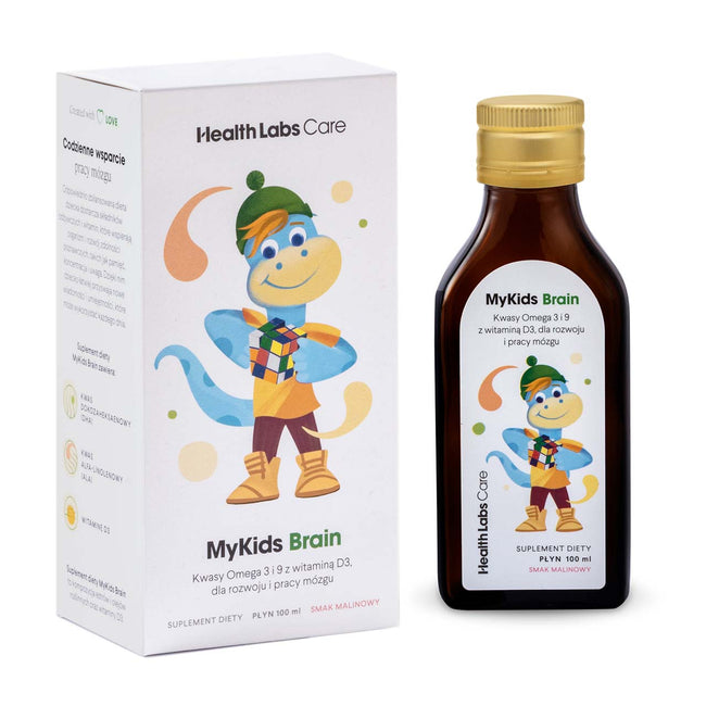 HealthLabs MyKids Brain kwasy Omega 3 i 9 z witaminą D3 dla rozwoju i pracy mózgu dziecka suplement diety Malinowy 100ml