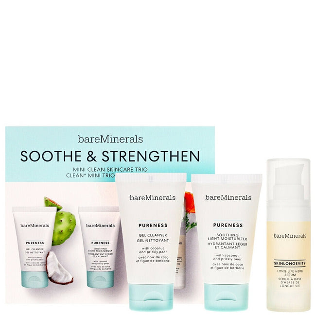 bareMinerals Soothe & Strengthen Mini Clean Skincare Trio zestaw żel do mycia twarzy 30ml + lekki krem nawilżający 30g + ziołowe serum do twarzy 15ml