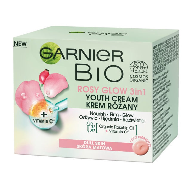 Garnier Bio Rosy Glow 3in1 Youth Cream krem różany przeciw oznakom starzenia dla skóry matowej 50ml
