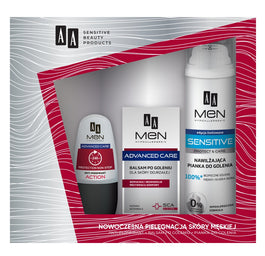 AA Men Advanced Care zestaw pianka do golenia nawilżająca dla skóry bardzo wrażliwej Sensitive 250ml + balsam po goleniu dla skóry dojrzałej 100ml + antyperspirant w kulce Action 50ml