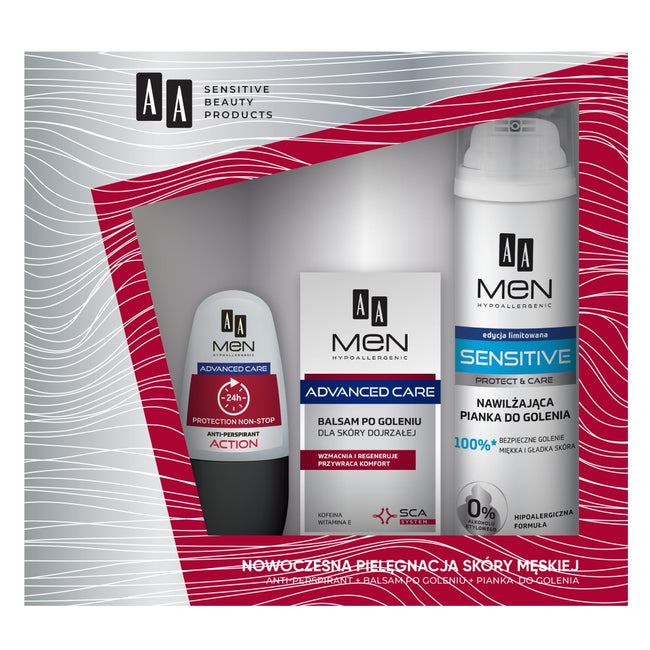 AA Men Advanced Care zestaw pianka do golenia nawilżająca dla skóry bardzo wrażliwej Sensitive 250ml + balsam po goleniu dla skóry dojrzałej 100ml + antyperspirant w kulce Action 50ml