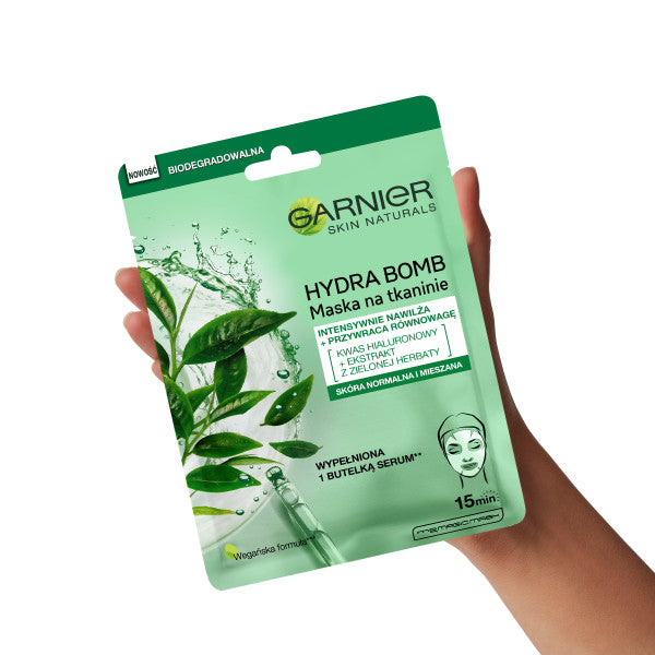 Garnier Hydra Bomb przywracająca równowagę maska na tkaninie z ekstraktem z zielonej herbaty i kwasem hialuronowym 28g