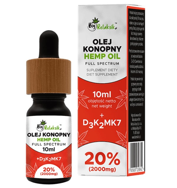 BigRelaksik Hemp Oil Full Spectrum 20% 2000mg suplement diety w kroplach Olej Konopny + D3K2MK7 10ml