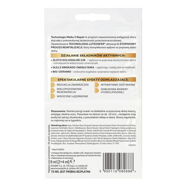 AA Technologia Wieku 5Repair 60+ Złota Kuracja maseczka ujędrniająco-regenerująca 2x4ml