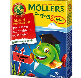 Möller's Omega-3 Rybki żelki z kwasami omega-3 i witaminą D3 dla dzieci Malinowe 36szt.