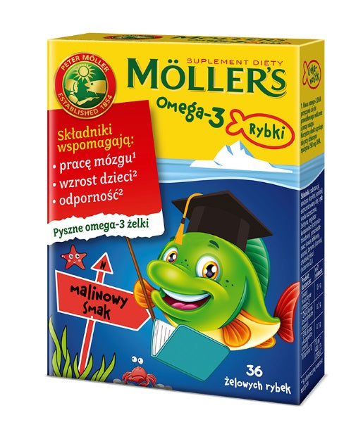 Möller's Omega-3 Rybki żelki z kwasami omega-3 i witaminą D3 dla dzieci Malinowe 36szt.