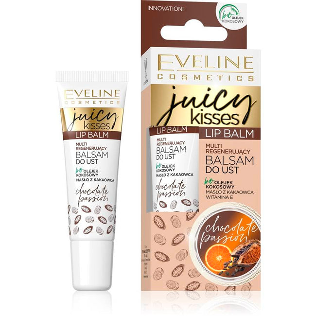 Eveline Cosmetics Juicy Kisses Lip Balm zestaw regenerujący balsam do ust Exotic Mango 6x12ml + nawilżający balsam do ust Sweet Coconut 6x12ml + regenerujący balsam do ust Chocolate Pasion 6x12ml