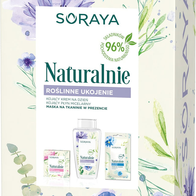 Soraya Naturalnie Roślinne Ukojenie zestaw kojący krem na dzień 50ml + kojący płyn micelarny 200ml + maska na tkaninie 17g