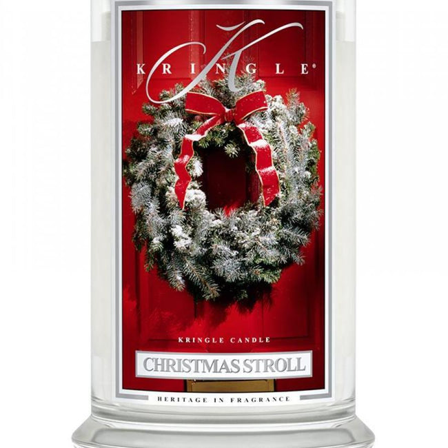 Kringle Candle Duża świeca zapachowa z dwoma knotami Christmas Stroll 623g