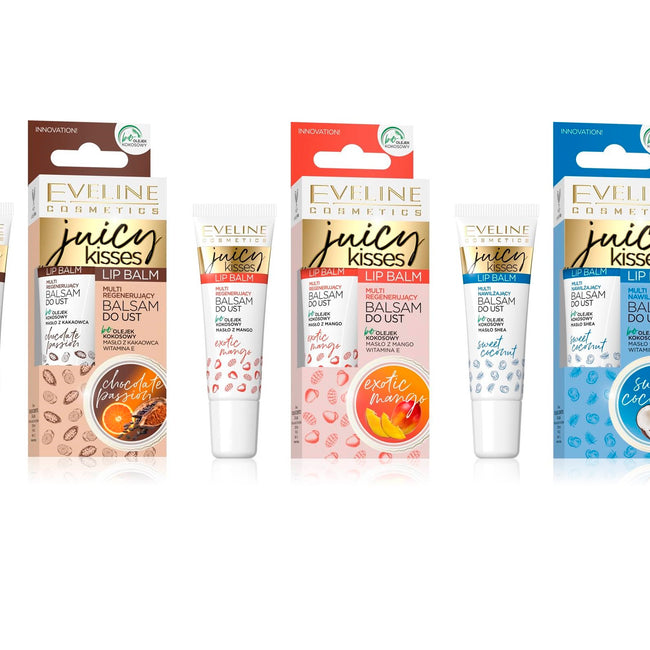 Eveline Cosmetics Juicy Kisses Lip Balm zestaw regenerujący balsam do ust Exotic Mango 6x12ml + nawilżający balsam do ust Sweet Coconut 6x12ml + regenerujący balsam do ust Chocolate Pasion 6x12ml