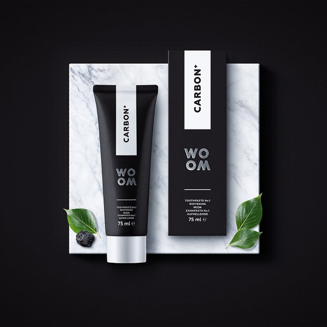 Woom Carbon+ wybielająca czarna pasta do zębów z węglem aktywnym 75ml