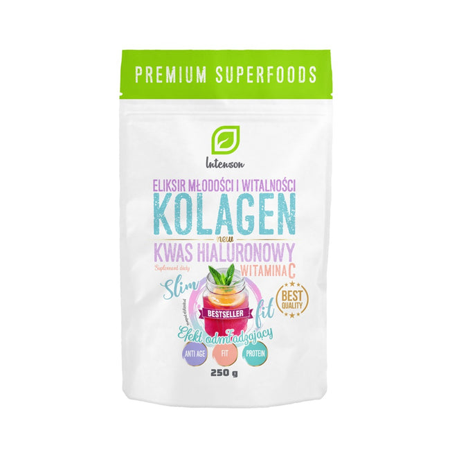 Intenson Kolagen + Witamina C + Kwas Hialuronowy suplement diety efekt odmładzający 250g