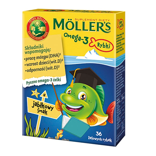 Möller's Omega-3 Rybki żelki z kwasami omega-3 i witaminą D3 dla dzieci Jabłkowe 36szt.