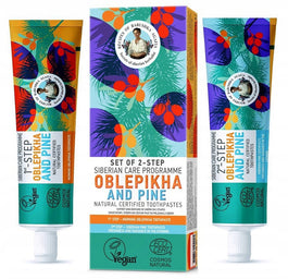Bania Agafii Natural Toothpastes dwuetapowy zestaw naturalnych past do zębów Rokitnik Ałtajski i Sosna Agafii 2x60g