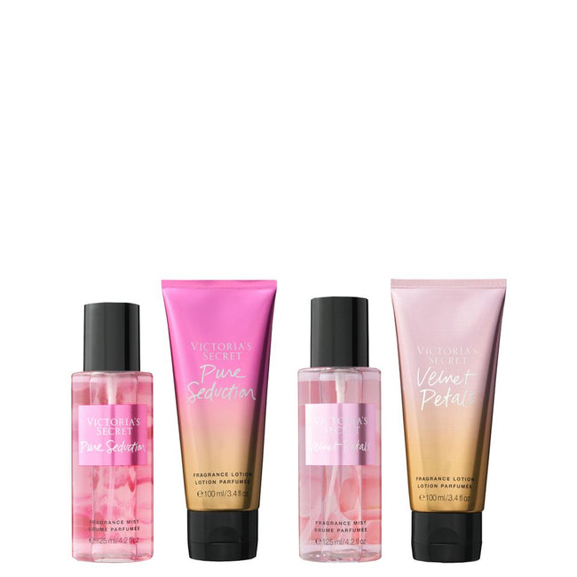 Victoria's Secret Zestaw Pure Seduction mgiełka do ciała 125ml + Pure Seduction balsam do ciała 100ml + Velvet Petals mgiełka do ciała 125ml + Velvet Petals balsam do ciała 100ml